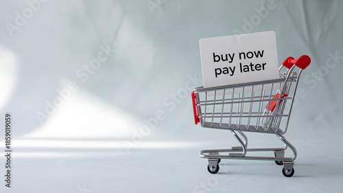 A small metallic shopping trolley with red handles holding a white card displaying the words buy now pay later on a bright studio background with soft