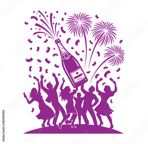 people celebrating with champagne bottle and fireworks on new years eve party