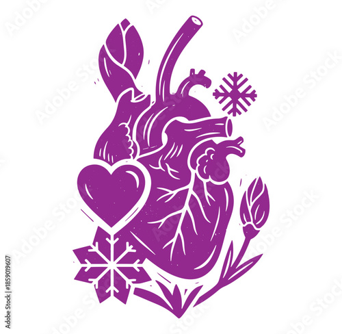 Purple anatomical heart with snowflakes and heart symbol in white background