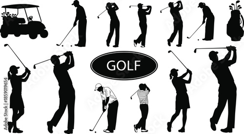Collection of professional golf player silhouettes, male and female golfers swinging clubs, including golf cart and bag equipment, isolated sports vector icons for design