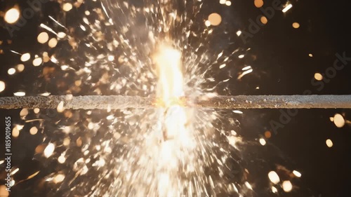 Sparkler Fuse Igniting and Burning With Bright Light on Dark Background