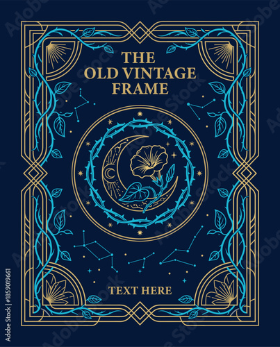 Mystical Blue and Gold Celestial Moon Vintage Frame