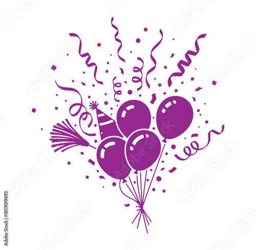 Purple balloons and party hat with confetti and ribbons on white background