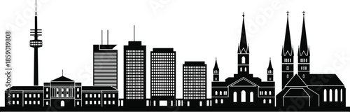 Dortmund, city, skyline, Germany, vector, illustration, silhouette, black, landmark, cityscape, architecture, urban, horizontal, panorama, isolated, white, background, travel, tourism, 