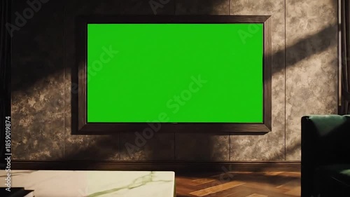 Modern living room with green screen TV and dark green couches