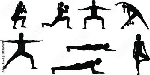 Fitness silhouette set of people exercising, man and woman doing squats lunges and planks, yoga poses and workout icons isolated on white background vector