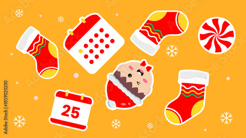 Christmas themed with stockings, calendars, candy, and a pudding