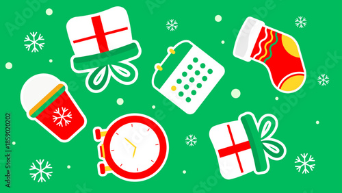 Christmas element of gifts and a stocking on green