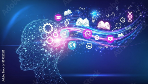 A futuristic digital representation of a human head with innovative technology and abstract elements emerging from it