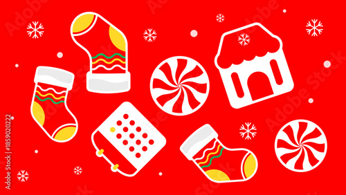 Christmas elements including stockings, snowflakes, candies, and an advent calendar in red background