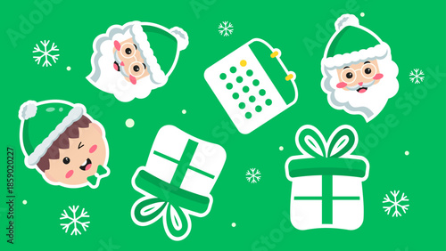 Christmas featuring santa, presents, and calendar