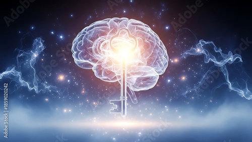 Digital visualization of a luminous brain containing a glowing key, symbolizing the unlocking of human potential, profound insights, wisdom, and the power of thought