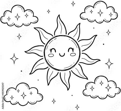 Cute smiling sun with clouds and stars vector illustration, simple black and white line art for children coloring book design