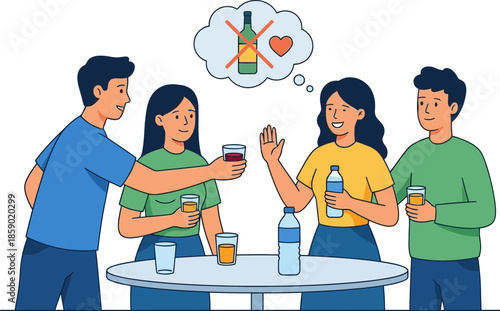People socializing at a party with drinks and a non-alcoholic celebration theme with a speech bubble indicating no alcohol and love symbols in
