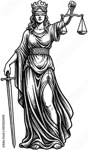 Classical Lady Justice statue holding scales and sword vector illustration, blindfolded goddess Themis for legal system law and courtroom design