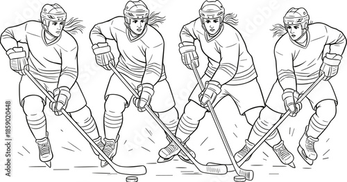 Female ice hockey players in action sequence vector illustration, women athletes skating and playing with sticks for winter sports design