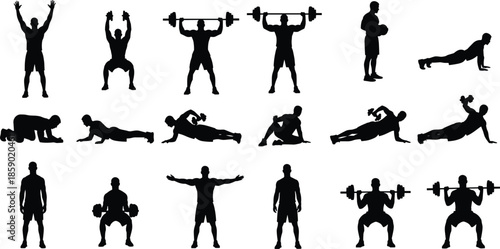 Gym workout fitness silhouettes set, male athlete performing weightlifting, bodybuilding exercises, strength training, and crossfit poses, professional vector illustration for sports health,