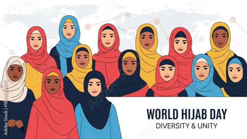 Diverse group of women wearing hijabs celebrating unity and diversity on World Hijab Day from a global viewpoint