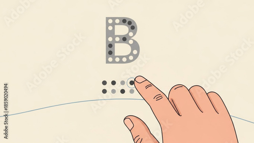 A hand interacts with a braille letter B in an illustrative scene