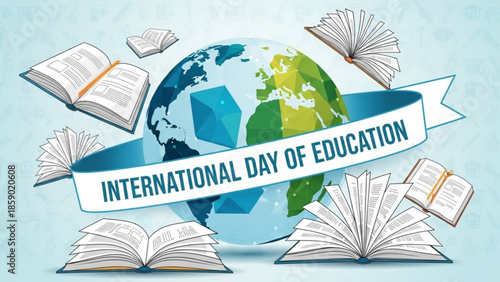 Celebrating International Day of Education with global unity and open books surrounding a blue and green Earth