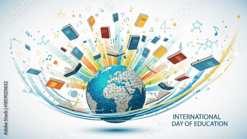 Global Education Day celebration with books and technology surrounding the earth