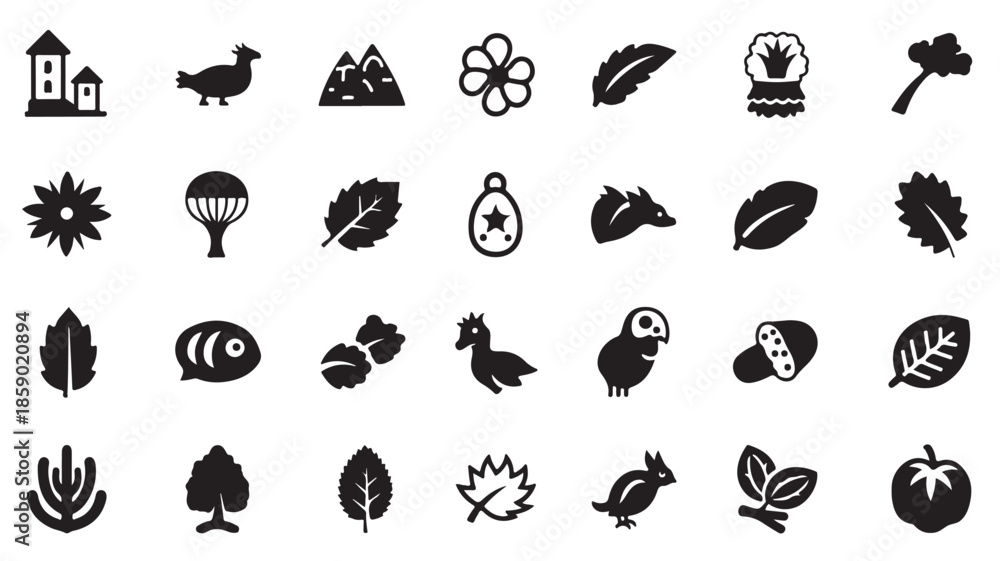 Fototapeta premium Set of black nature icons in simple flat design on white background for web and mobile applications