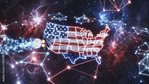 USA Map with Network Connections and Rocket Launch.