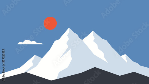 Minimalist Illustration of Snow-Capped Mountains Under a Vibrant Orange Sun with a Single Cloud