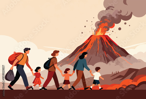 Family flees active volcano eruption, carrying belongings