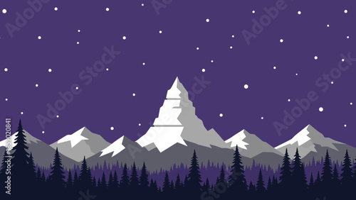 Majestic snow-capped mountain range illuminated by a starry night sky, surrounded by a dense evergreen forest