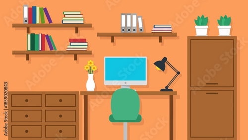 Cozy home office setup with a desk, computer, chair, shelves, and filing cabinet