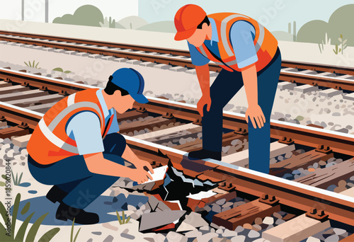 Two workers inspect damaged railway tracks
