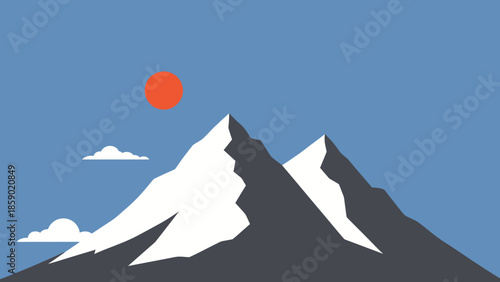 Majestic snow-capped mountains under a bright sun and clear blue sky with a few fluffy clouds, representing nature's grandeur and serene beauty