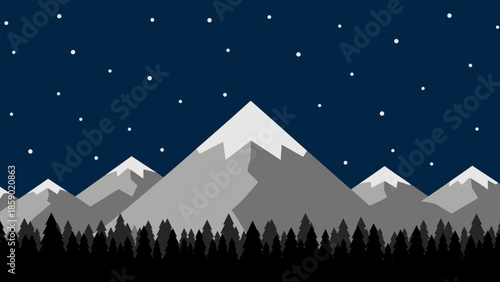Minimalist illustration of snow-capped mountains against a starry night sky with silhouetted pine trees in the foreground