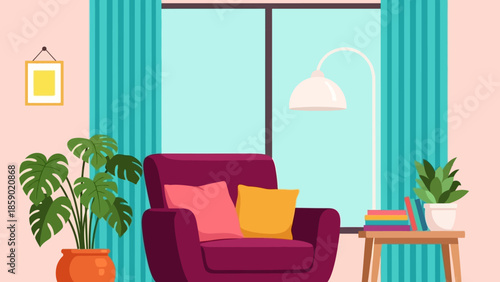 Cozy living room scene with a comfortable armchair, vibrant pillows, and lush potted plants next to a window
