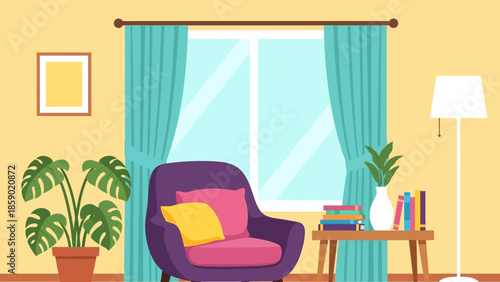 Cozy living room scene with a teal sofa, minimalist decor, and warm lighting