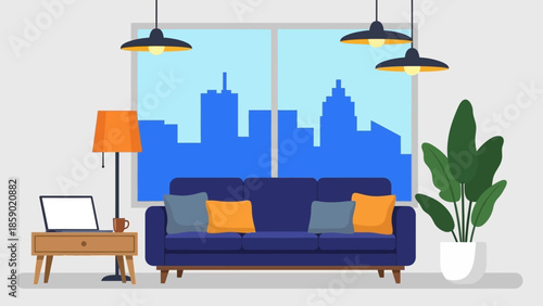 Cozy Apartment Living Room with City Skyline View, Comfortable Sofa, and Modern Decor