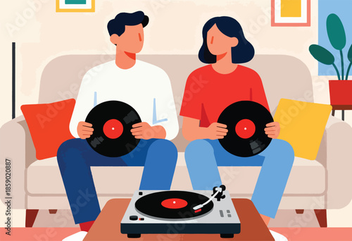 Couple relaxing on a sofa, holding records, with a turntable on a coffee table