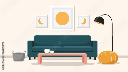 Cozy living room with teal sofa, orange ottoman, and framed art on wall