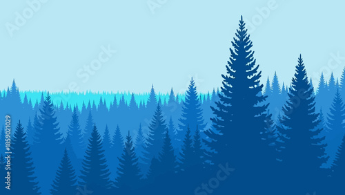Vast evergreen forest landscape at twilight with layers of blue silhouettes under a pale sky