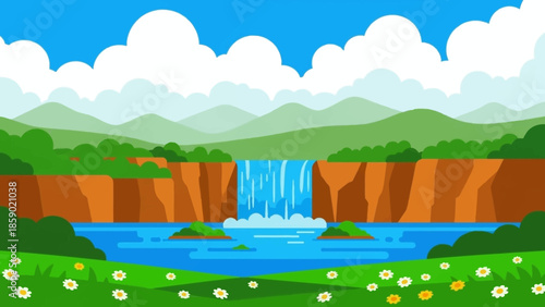 Serene Landscape Illustration of a Majestic Waterfall Flowing into a Blue Lake Surrounded by Lush Greenery and Blooming Wildflowers Under a Cloudy Sky