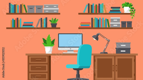 Cozy home office setup with a computer, desk, chair, bookshelves, and plant, perfect for remote work or study