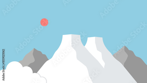 Stylized illustration of snow-capped mountains under a clear sky with a vibrant sun and wispy clouds