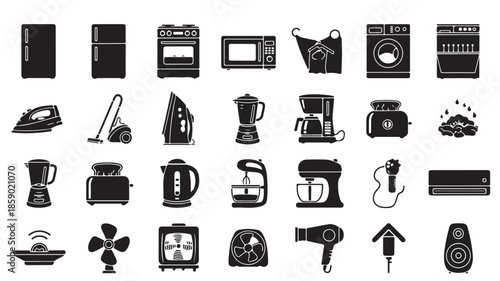 Collection of black household appliance icons in modern minimalist style with simple flat design for web and mobile applications