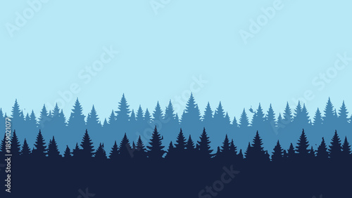 Serene evergreen forest silhouette against a gradient sky, showcasing layered trees in varying shades of blue and dark navy