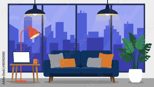 Modern living room with large window overlooking city skyline at night, featuring a comfortable sofa, lamp, and potted plant