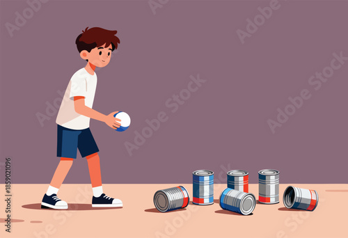 Boy about to knock over cans with a ball