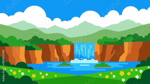 Serene waterfall cascading into a tranquil lake amidst lush green hills and a vibrant blue sky with fluffy clouds