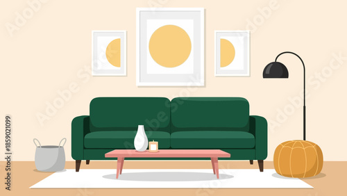 Modern living room with green sofa, pink coffee table, and abstract art on wall