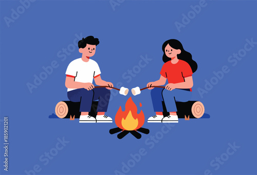 Two friends enjoying marshmallows over a campfire on a blue background